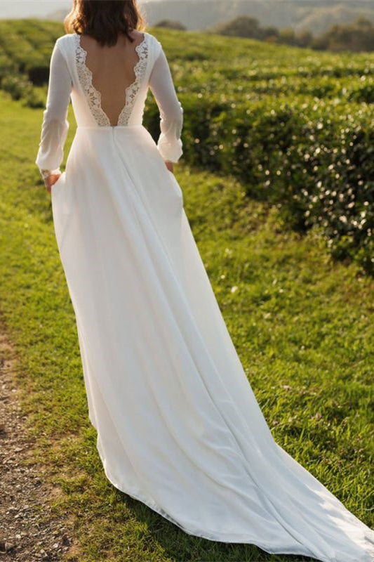 Tulle Bateau Long Sleeves Boho Wedding Dress Open Back A Line