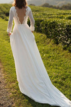 Tulle Bateau Long Sleeves Boho Wedding Dress Open Back A Line