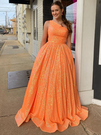 Vestido de fiesta de lentejuelas con un solo hombro y bolsillos en corte A