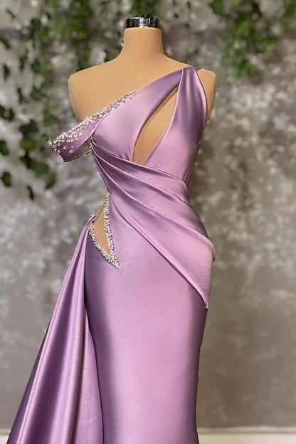 One Shoulder Sleeveless Lilac Mermaid Stain Prom Dress
