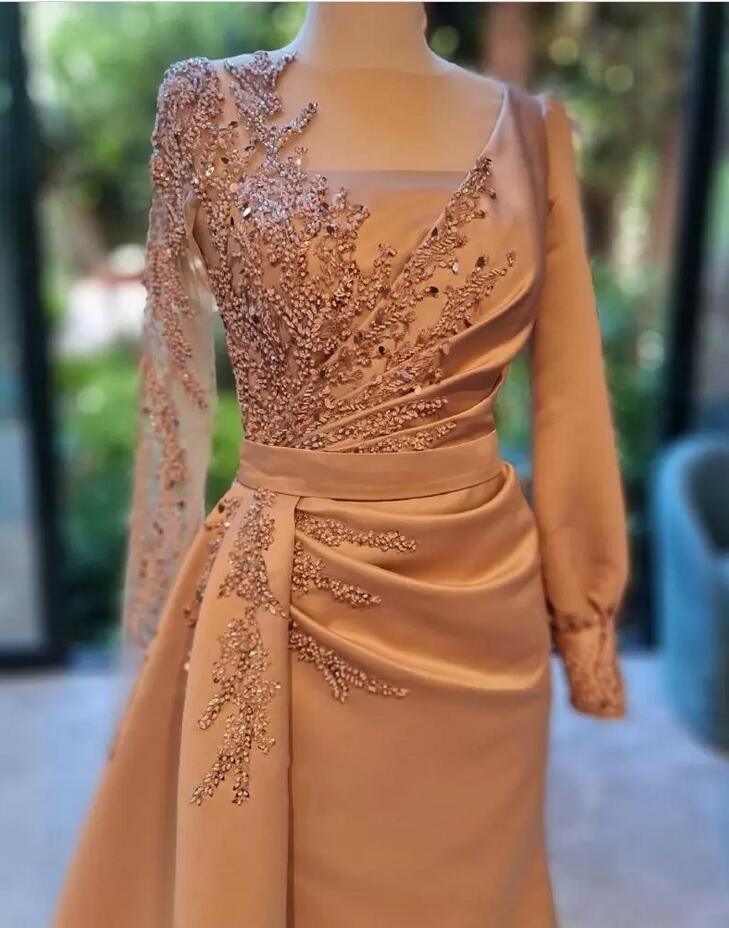 BMbridal A Line Prom Dress With Long Sleeves Jewel Neck Beading Floor Length