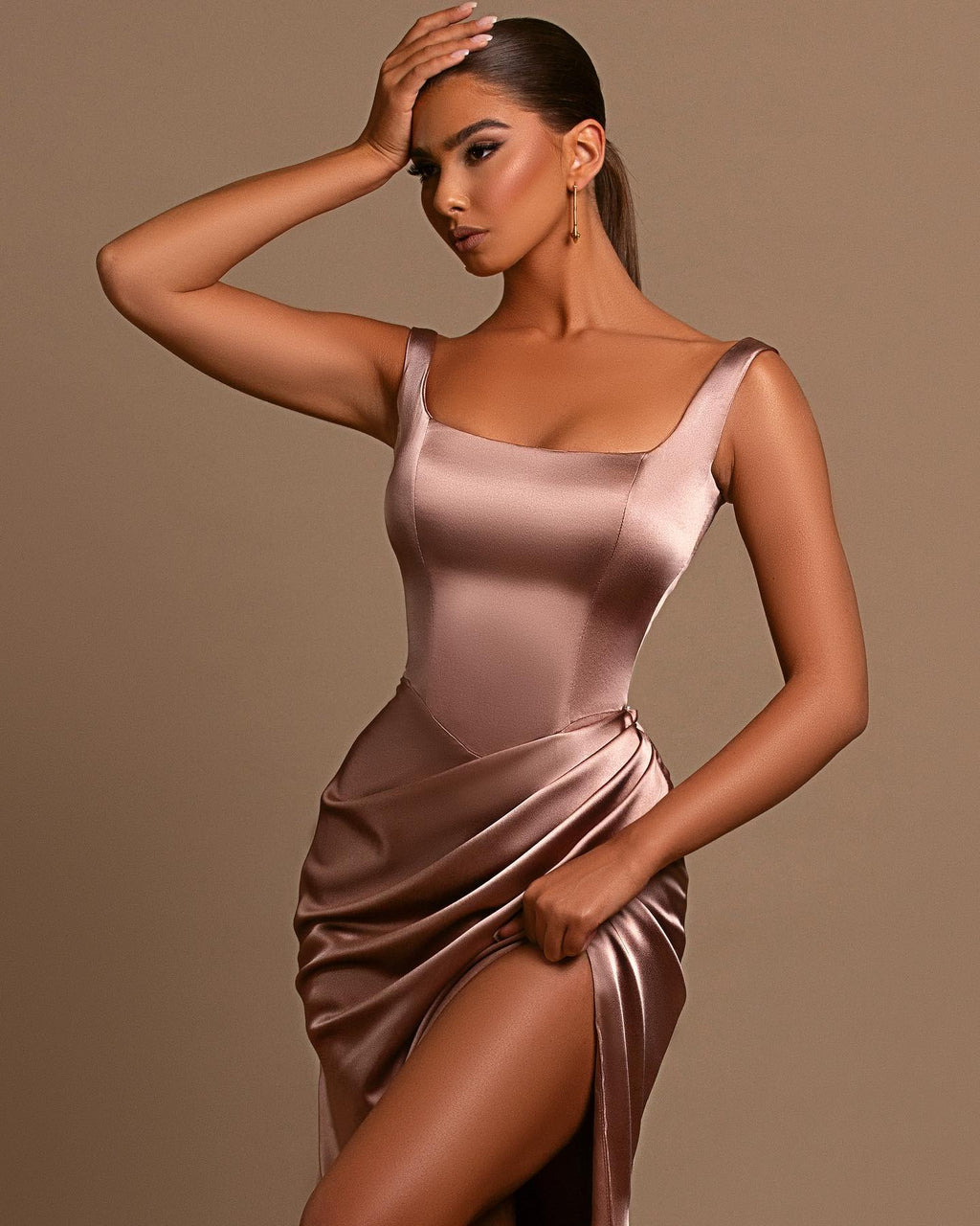 Dusty Rose Spaghetti Strap Square Neck Mermaid Prom Dress With Side Split