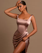 Dusty Rose Spaghetti Strap Square Neck Mermaid Prom Dress With Side Split