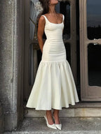 Graceful Square Neck Wide Strap Drop Waist Midi Dress