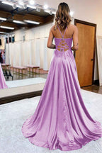 Dark Green Satin A-Line Appliqued Prom Dress With Side Slit For Formal Evening Party Occasions