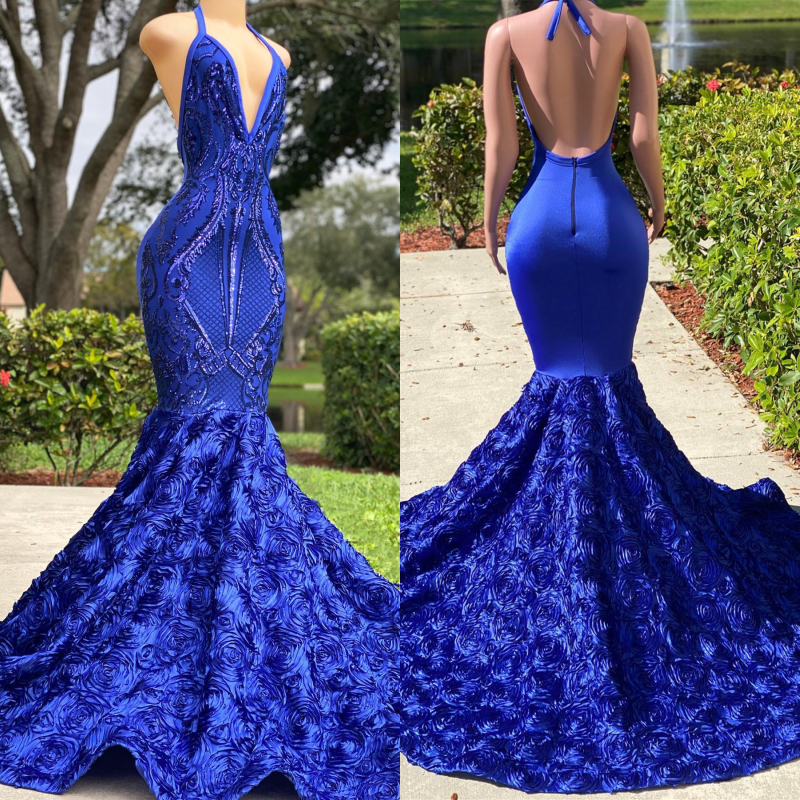 Abito da sera sirena blu reale con scollo a V, collo allacciato al collo e schiena scoperta
