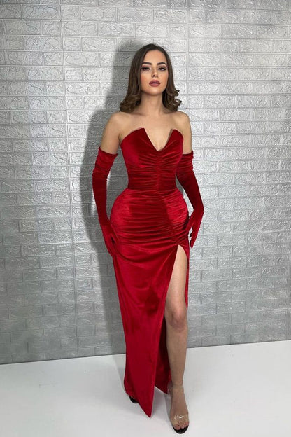 Classic Long Mermaid V-neck Velvet Prom Dress with Slit