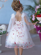 Pink Tulle Knee Length Strawberry Embroidery Flower Girl Dress
