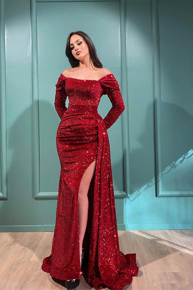Vestidos de fiesta de noche con lentejuelas y hombros descubiertos de sirena larga con abertura