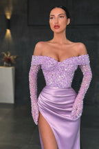 Long Sleeves Mermaid Off the shoulder Satin Sequins Prom Dress With Slit
