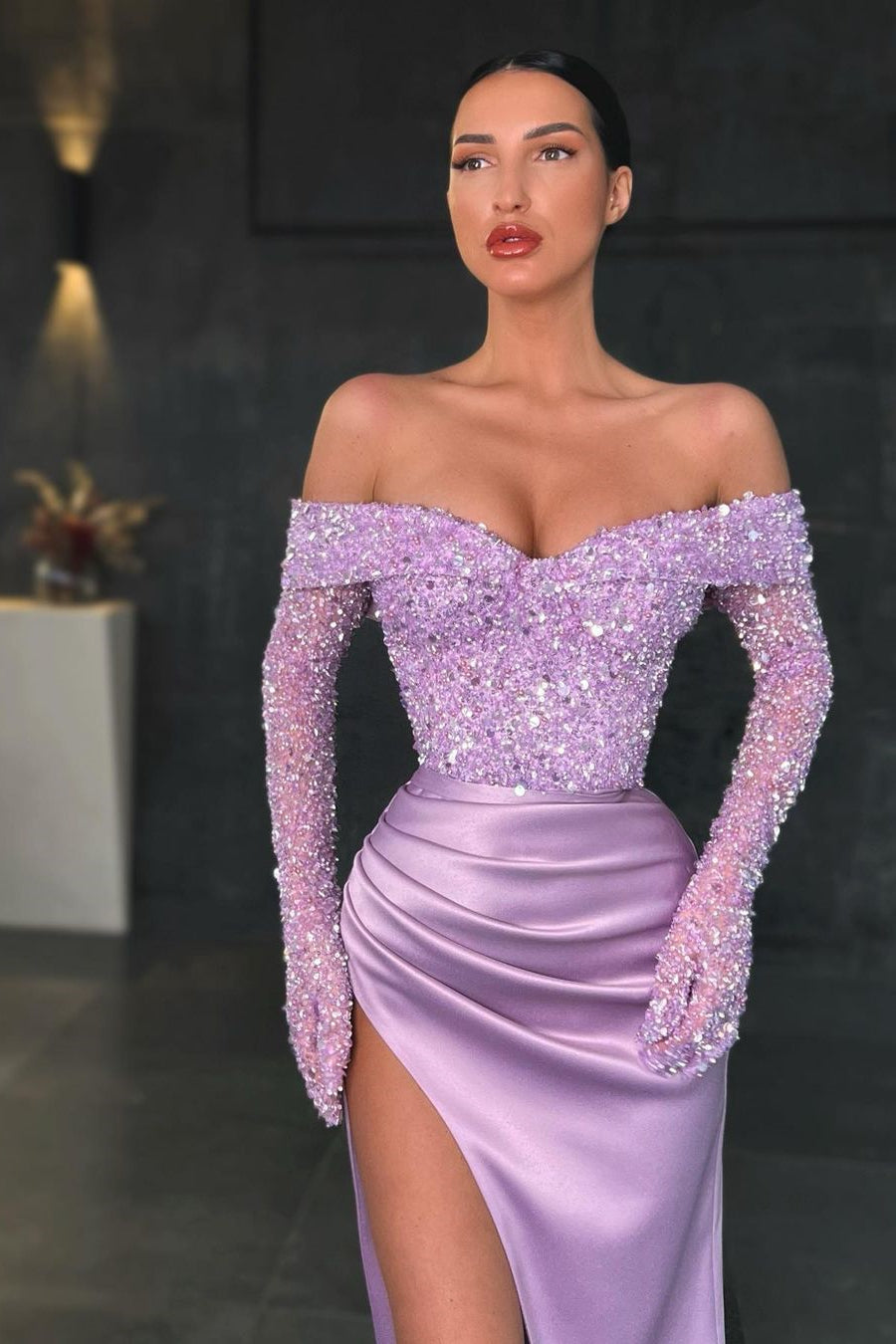 Long Sleeves Mermaid Off the shoulder Satin Sequins Prom Dress With Slit