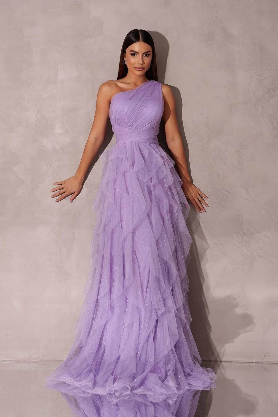 Chic One Shoulder Sleeveless Long Prom Dress With Tulle Ruffle