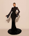 Custom High Neck Lace Mermaid Prom Dress With Pleated Long Sleeves