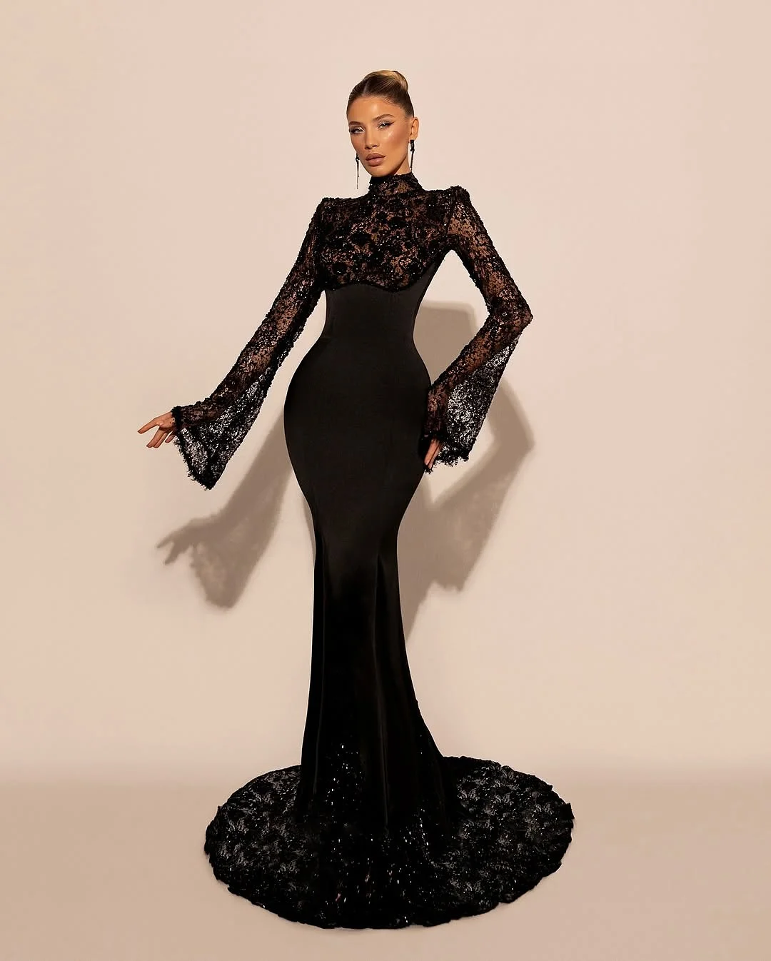 Custom High Neck Lace Mermaid Prom Dress With Pleated Long Sleeves