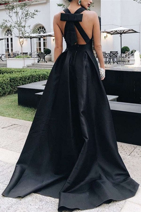 Black Deep V Neck Prom Dress Sleeveless A Line Floor Length Stretch Satin