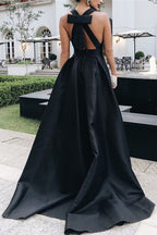Black Deep V Neck Prom Dress Sleeveless A Line Floor Length Stretch Satin