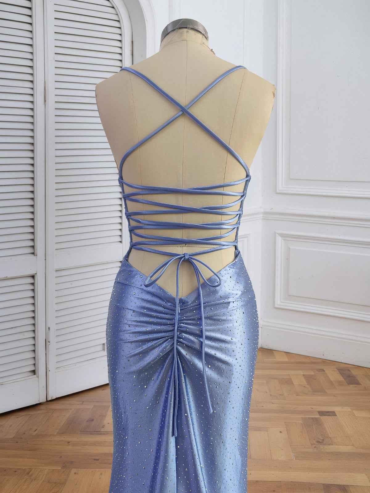 Light Blue Mermaid Prom Dress Rhinestone V Neck