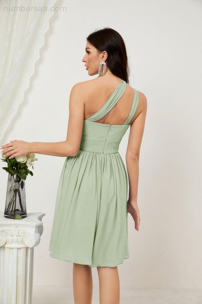 Numbersea Damen Chiffon Kurzes Ein-Schulter Brautjungfernkleid Festliche Kleider für Feier Heimkehr 2804