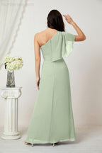 Abito da Sera Formale A-line con Spalla Singola e Balze in Chiffon, Spacco Laterale, per Damigelle, Modello 2809
