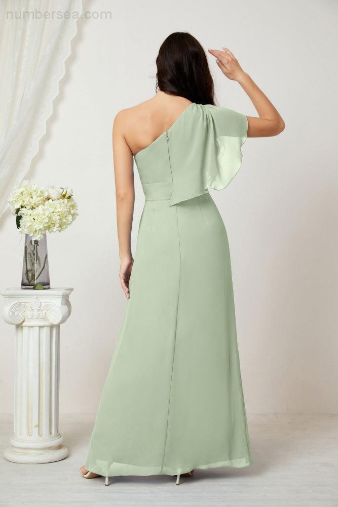Abito da Sera Formale A-line con Spalla Singola e Balze in Chiffon, Spacco Laterale, per Damigelle, Modello 2809