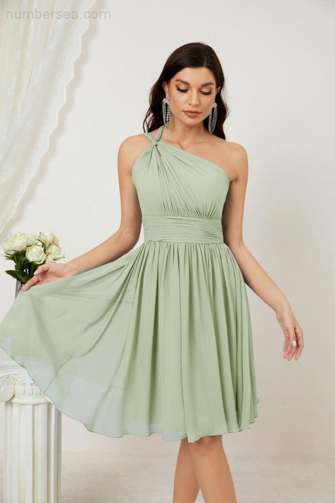 Numbersea Damen Chiffon Kurzes Ein-Schulter Brautjungfernkleid Festliche Kleider für Feier Heimkehr 2804