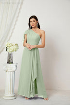 Abito da Sera Formale A-line con Spalla Singola e Balze in Chiffon, Spacco Laterale, per Damigelle, Modello 2809
