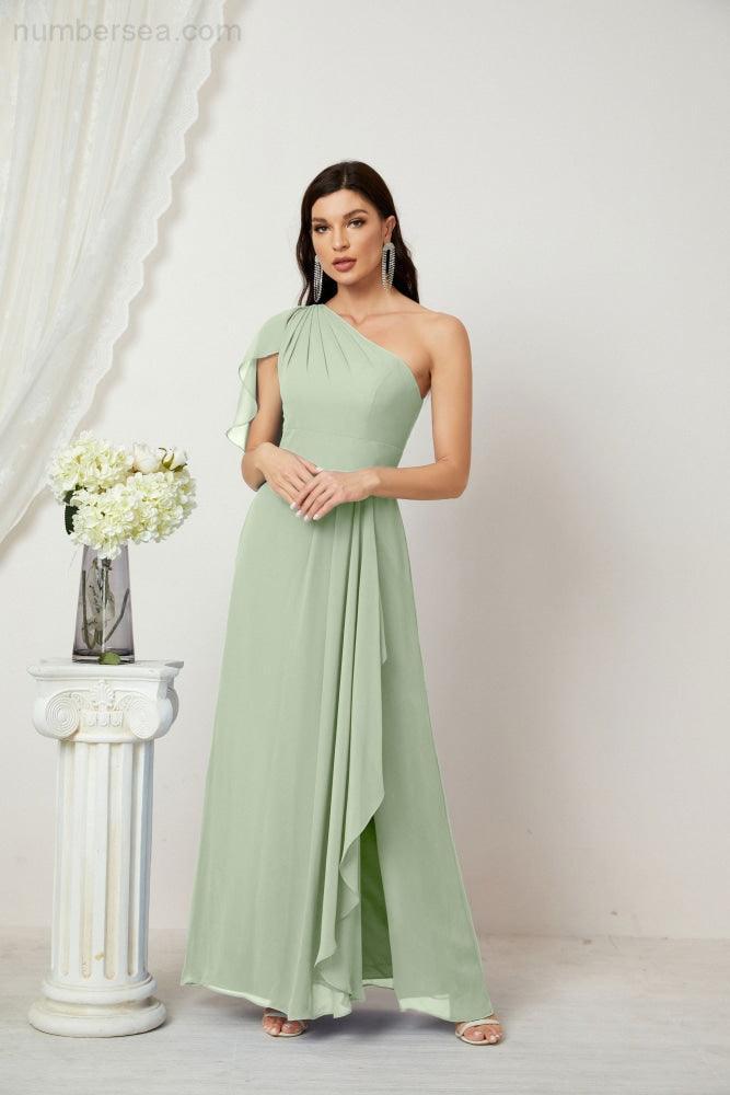 Abito da Sera Formale A-line con Spalla Singola e Balze in Chiffon, Spacco Laterale, per Damigelle, Modello 2809