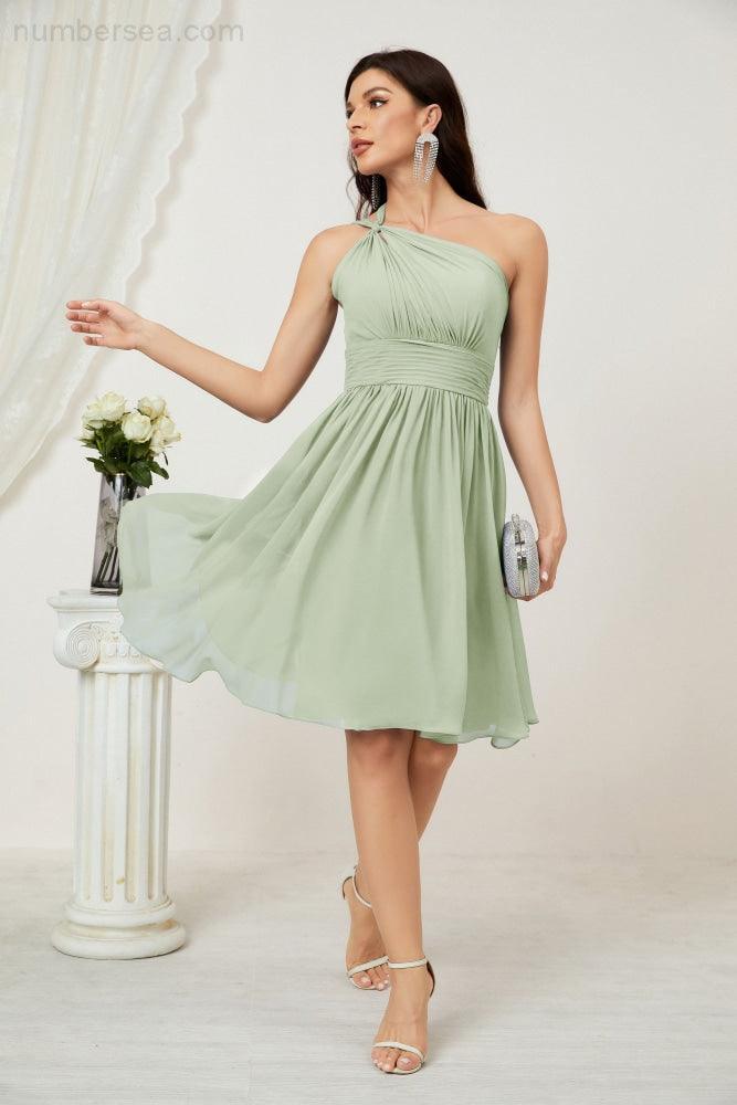 Numbersea Damen Chiffon Kurzes Ein-Schulter Brautjungfernkleid Festliche Kleider für Feier Heimkehr 2804