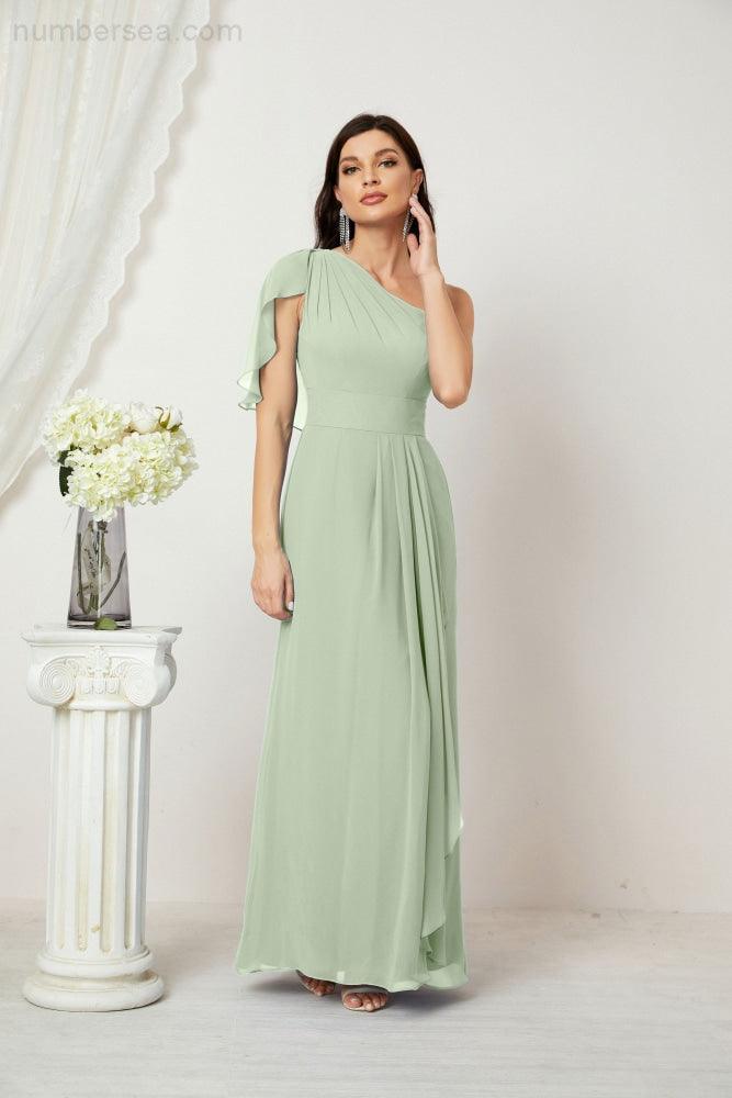 Abito da Sera Formale A-line con Spalla Singola e Balze in Chiffon, Spacco Laterale, per Damigelle, Modello 2809