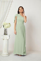Abito da Sera Formale A-line con Spalla Singola e Balze in Chiffon, Spacco Laterale, per Damigelle, Modello 2809