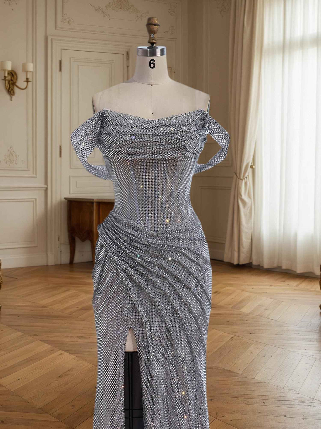 Silver Off Shoulder Sparkly Ruched Bodice Mesh Long Prom Dress With Slit