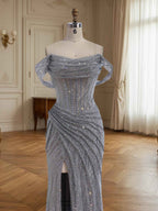 Silver Off Shoulder Sparkly Ruched Bodice Mesh Long Prom Dress With Slit