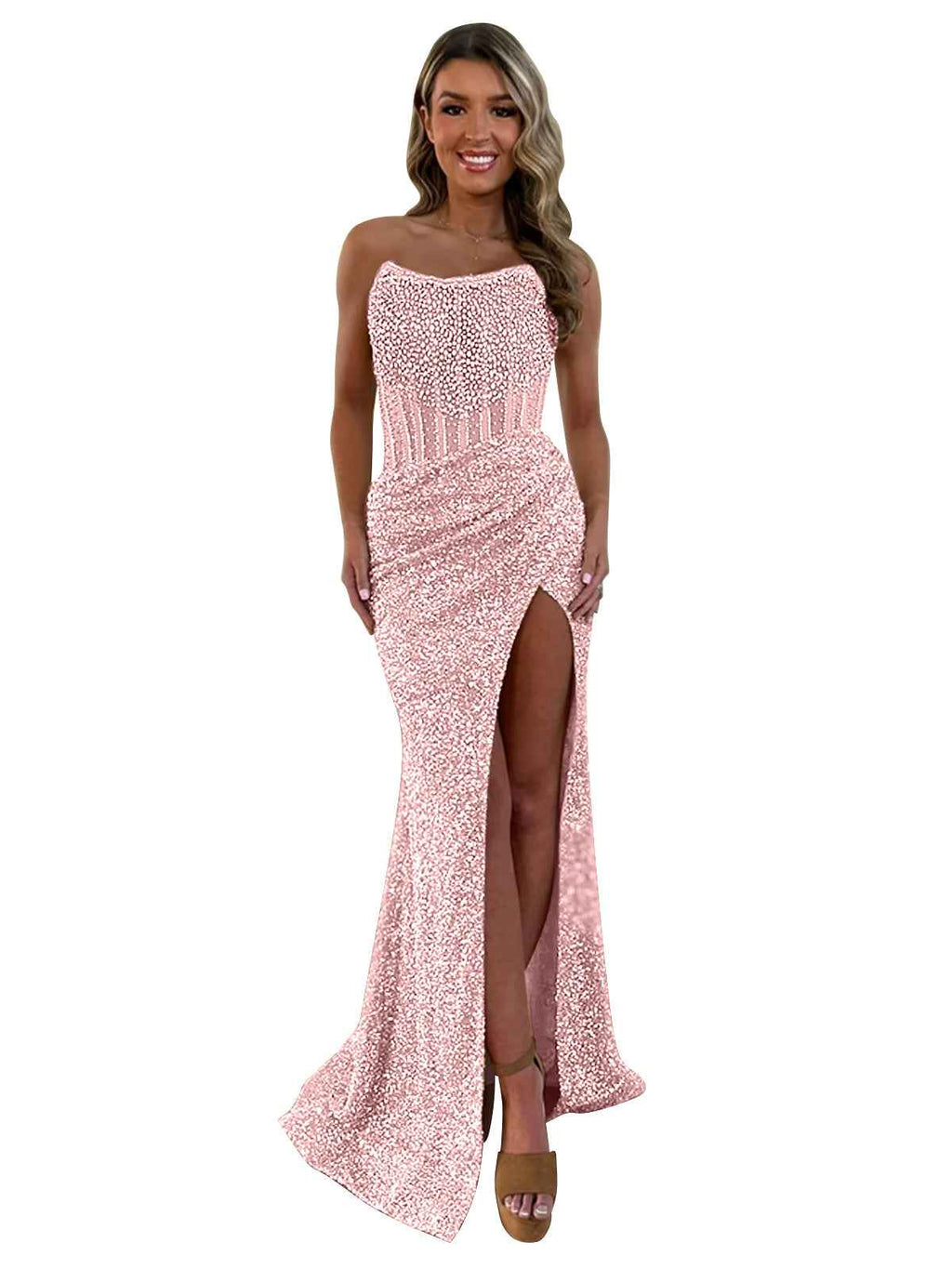 Champagne Strapless Mermaid Prom Dress With Slit And Sparkling Embellishments