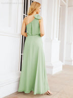 Robe de mariée longue asymétrique en mousseline à volants, sans manches et fendue sur le côté, modèle 28057