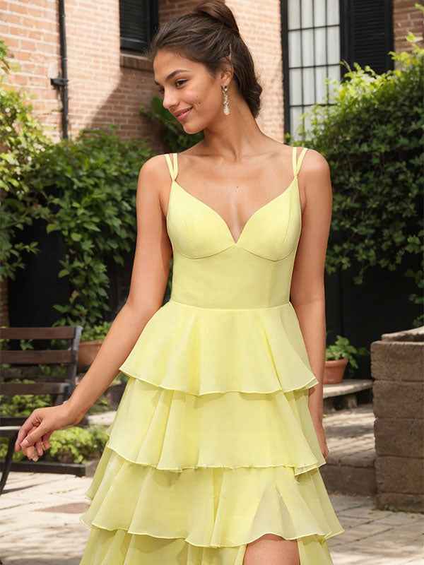 Yellow A Line V Neck Ruffled Tiered Chiffon Prom Dress With Slit