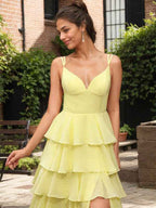 Yellow A Line V Neck Ruffled Tiered Chiffon Prom Dress With Slit