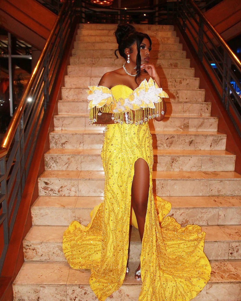 Golden Sunflower Off Shoulder Evening Gown White Floral Appliques Crystal Fringe