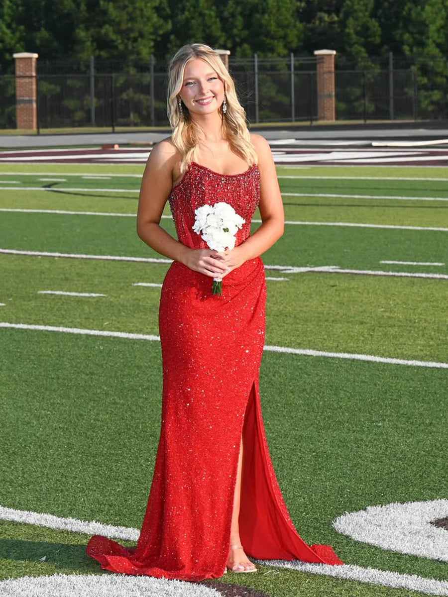 Champagne Strapless Mermaid Prom Dress With Slit And Sparkling Embellishments