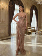 Champagne Gold Crystal Embellished Corset Prom Dress With Slit