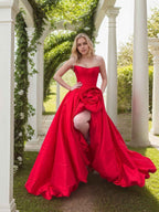 Black Rhinestone Strapless Satin Prom Dress With High Slit
