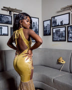 Champagne Gold Mermaid Prom Dress With Illusion Cutouts And Sequin Train