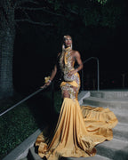Regal Golden Yellow Mermaid Prom Dress With 3D Embroidery And Illusion Cutouts
