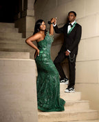Emerald Green One Shoulder Sequin Beaded Mermaid Prom Dress