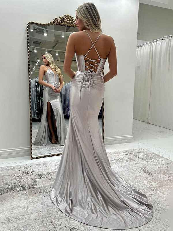 Sparkly Black Mermaid Prom Dress With Slit And Spaghetti Straps
