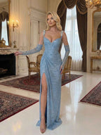 Light Blue Sequin Mermaid Prom Dress With Long Opera Gloves