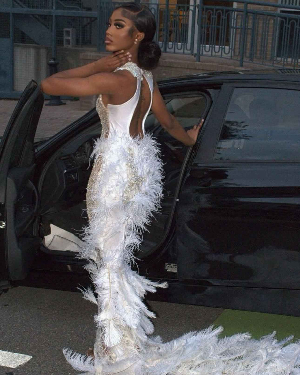 White Angel Crystal Beaded Mermaid Evening Gown With Plunging V Neck Open Back