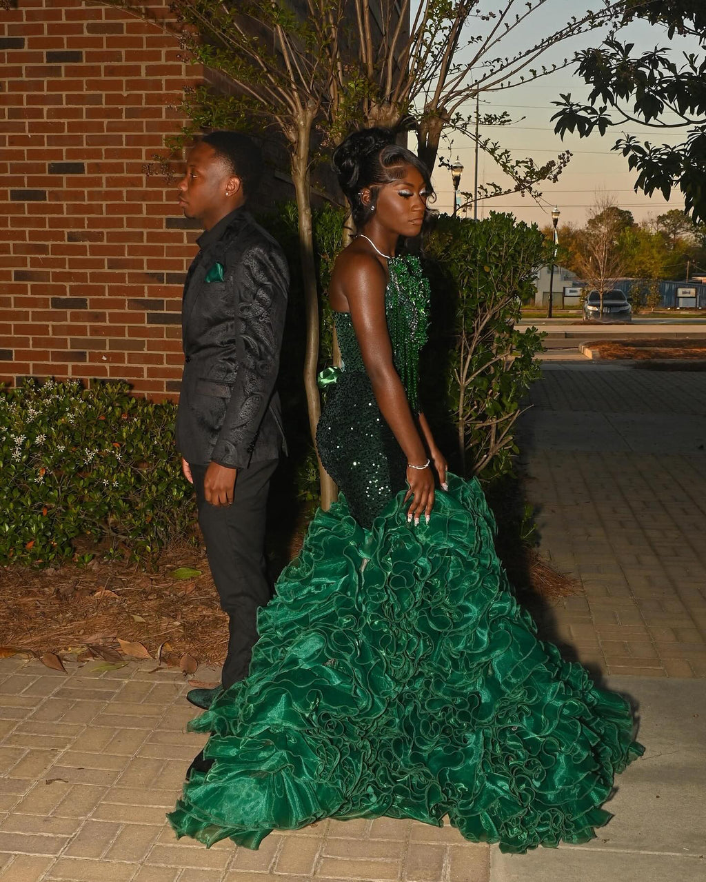 Emerald Forest Royale Sequin Mermaid Gown With Corset Back Cloud Ruffle Train