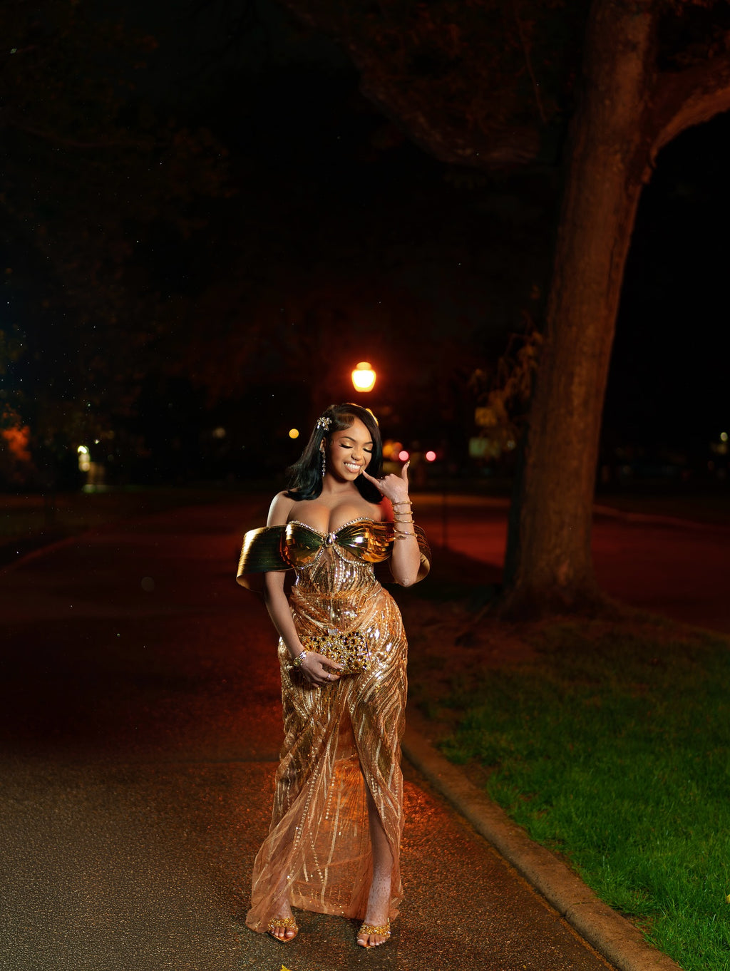 Liquid Gold Prom Dress Sculptural Wing Sleeve Mermaid Gown Chrome Bodice