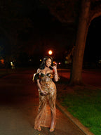 Liquid Gold Prom Dress Sculptural Wing Sleeve Mermaid Gown Chrome Bodice