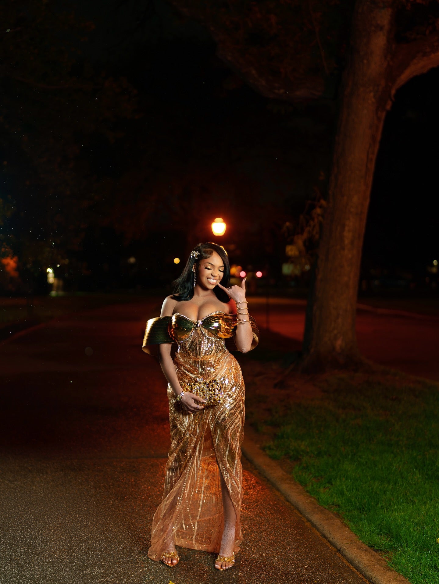 Liquid Gold Prom Dress Sculptural Wing Sleeve Mermaid Gown Chrome Bodice